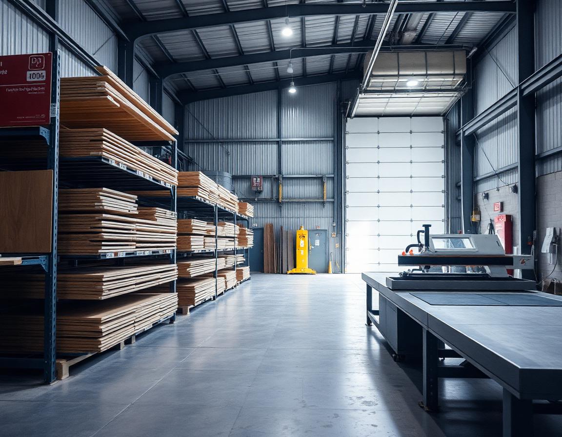 Interior view of the ProClad fabrication shop with panels on edge in labelled racks, a CNC router on the far bench, safety signage on the walls, polished concrete floor, high-bay LED lighting, afternoon daylight through overhead roll-up doors.