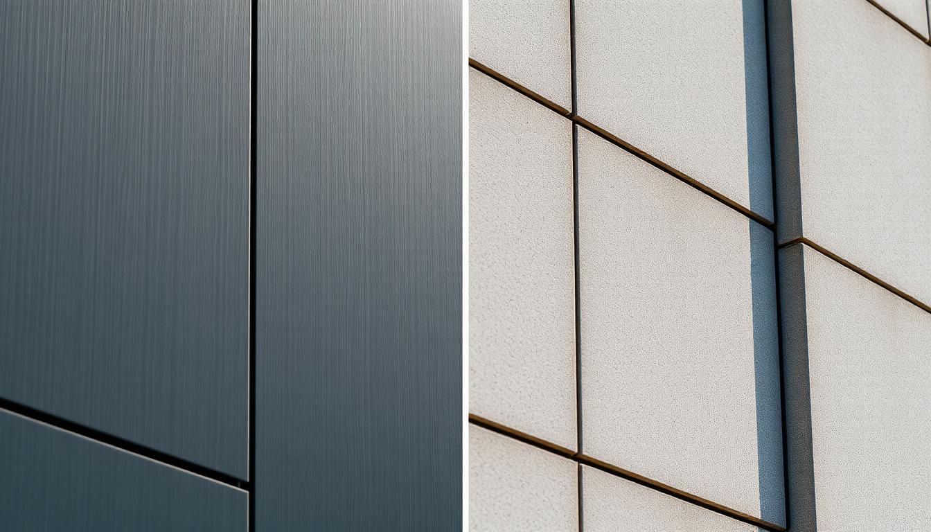 Side-by-side close-up comparison of an aluminum composite panel in matte charcoal and a fiber cement panel in soft grey, both mounted to the same sub-framing, clean shadow-line joints visible on each, daylight from a single direction.