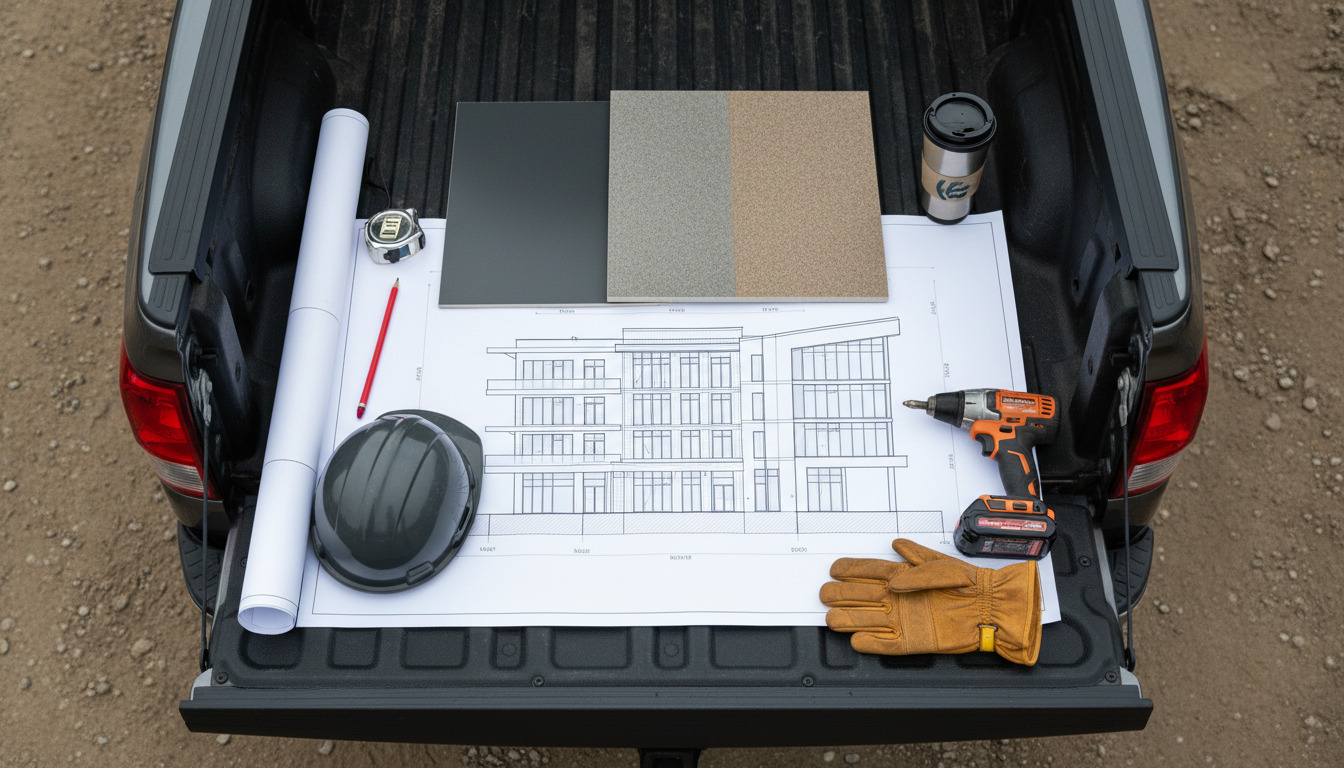 Architect, GC superintendent, and cladding contractor in hi-vis safety vests gathered around a set of elevation drawings spread on the hood of a pickup truck on a commercial construction site, mid-rise building partially clad in the background, morning light.