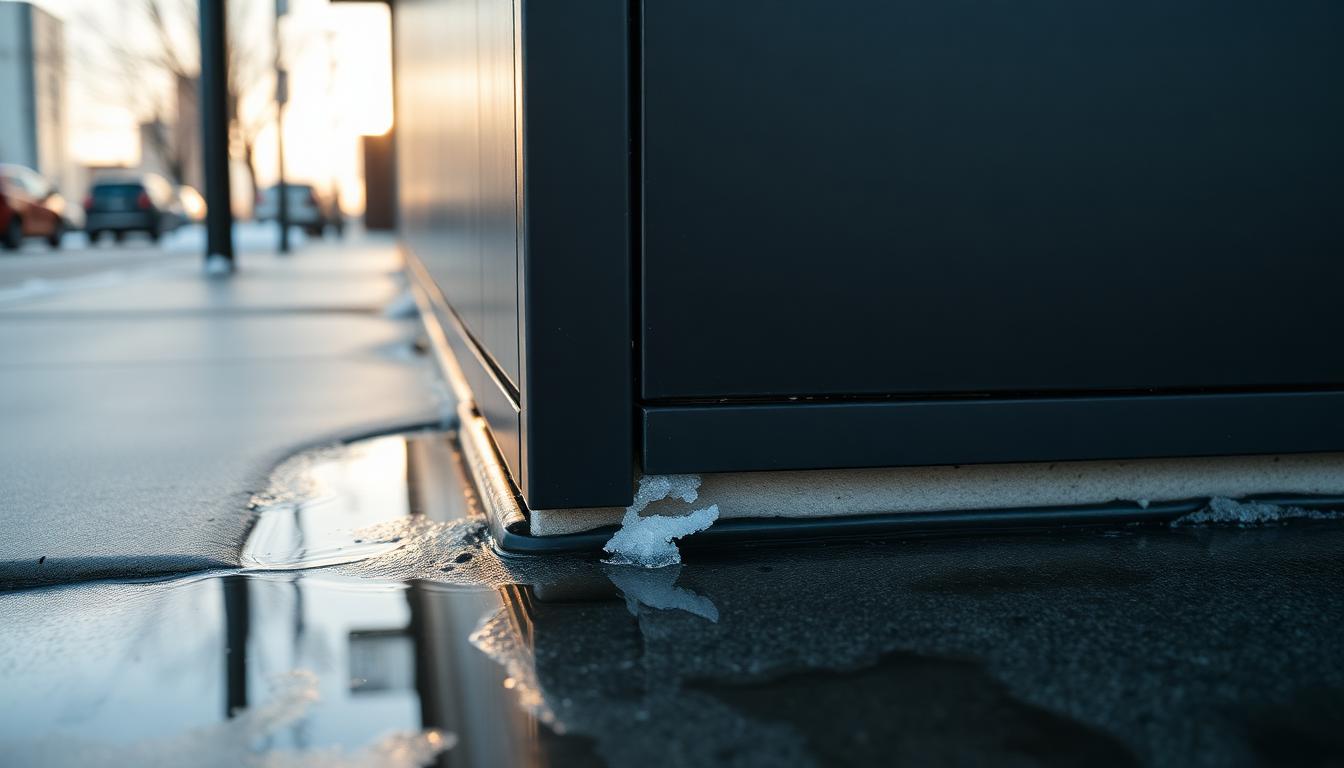 Close-up of a dark metal cladding panel edge on a GTA commercial building showing a thin band of salt residue at the base and a crisp vertical edge reveal, frozen puddles on the adjacent sidewalk, winter morning light low on the horizon.
