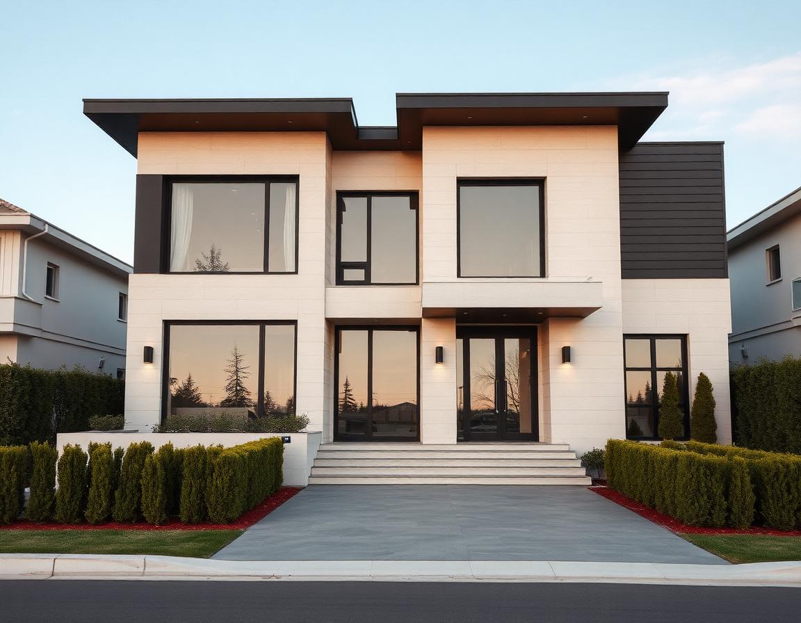 Modern two-story custom residential home in Oakville with a mixed façade of vertical charcoal aluminum panels, warm cedar accent cladding around the entry, large black-framed windows, and a clean flat-roof parapet, photographed at dusk with interior lights glowing.