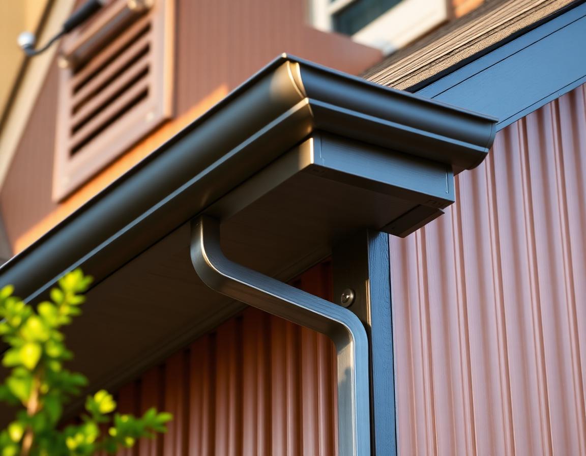 Aluminum exterior detailing on a contemporary home — vented aluminum soffit, fascia, and trim along the roofline in a dark finish meeting smooth aluminum siding, crisp clean lines in soft daylight.