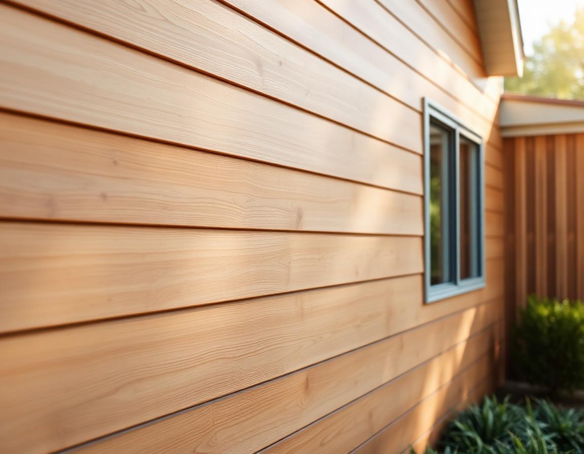 Engineered wood siding with a natural woodgrain texture in a warm cedar tone on a modern home exterior, prefinished boards with clean reveals, soft natural light.
