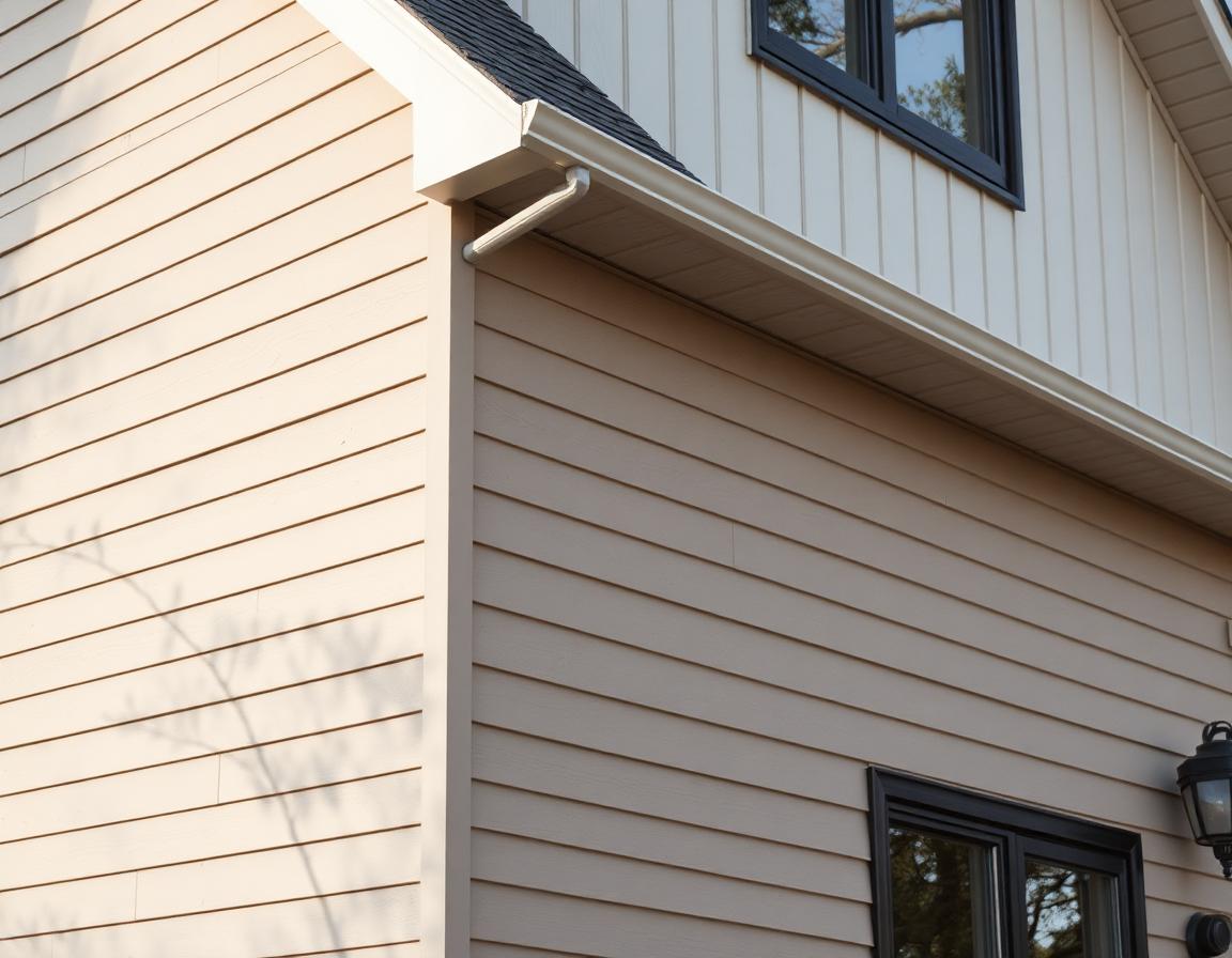 Exterior wall clad in horizontal vinyl lap siding in a warm neutral tone, clean overlapping courses with crisp shadow lines, photographed in soft daylight on a modern suburban home.