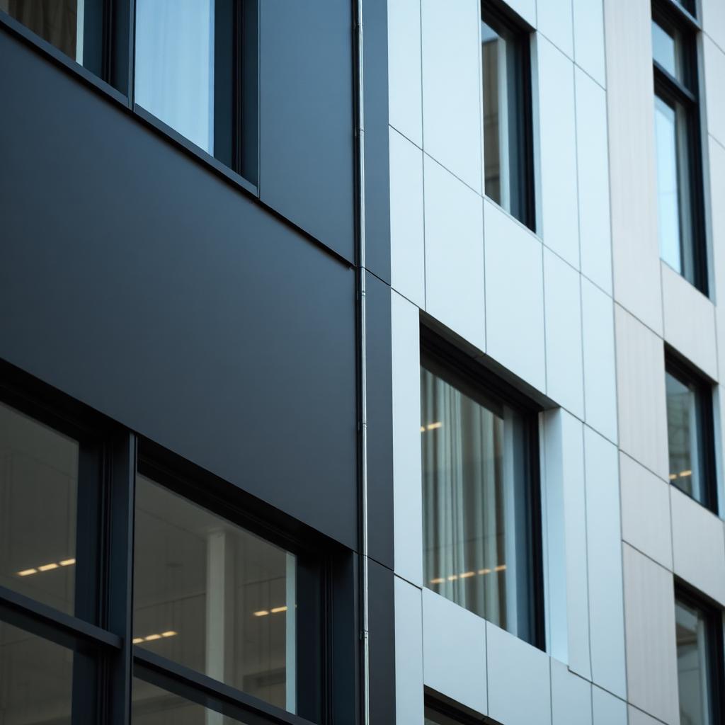 Close-up of a flat charcoal aluminum composite panel joint on a commercial façade with a precise shadow-line reveal, matte finish, sharp corner detail visible.