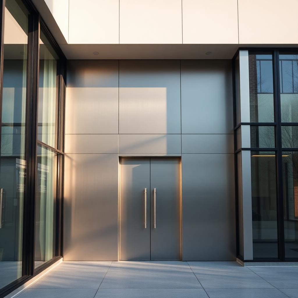 Large-format aluminum plate panels in brushed silver finish on an architectural office entrance, oversized panels with minimal joints, reflective but non-mirror finish.