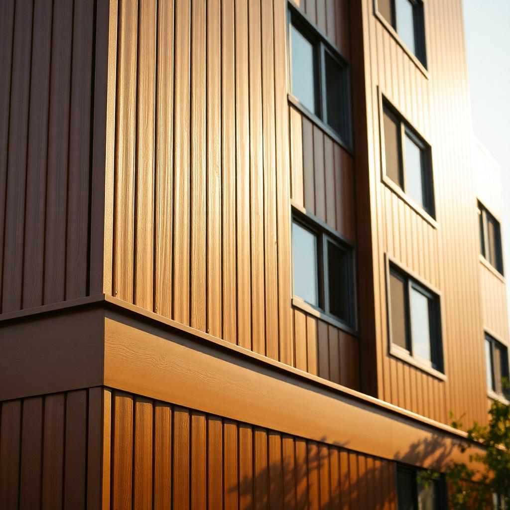 Vertical aluminum siding in a warm bronze finish on a mid-rise residential building, showing long unbroken runs and crisp panel joints, shot in late-afternoon sunlight.