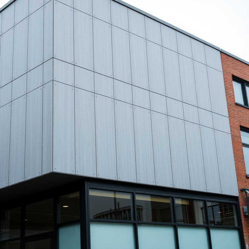 Fiber cement panel cladding in a soft matte grey on a three-story mixed-use building, large format panels with exposed fastener detail, clean architectural lines.
