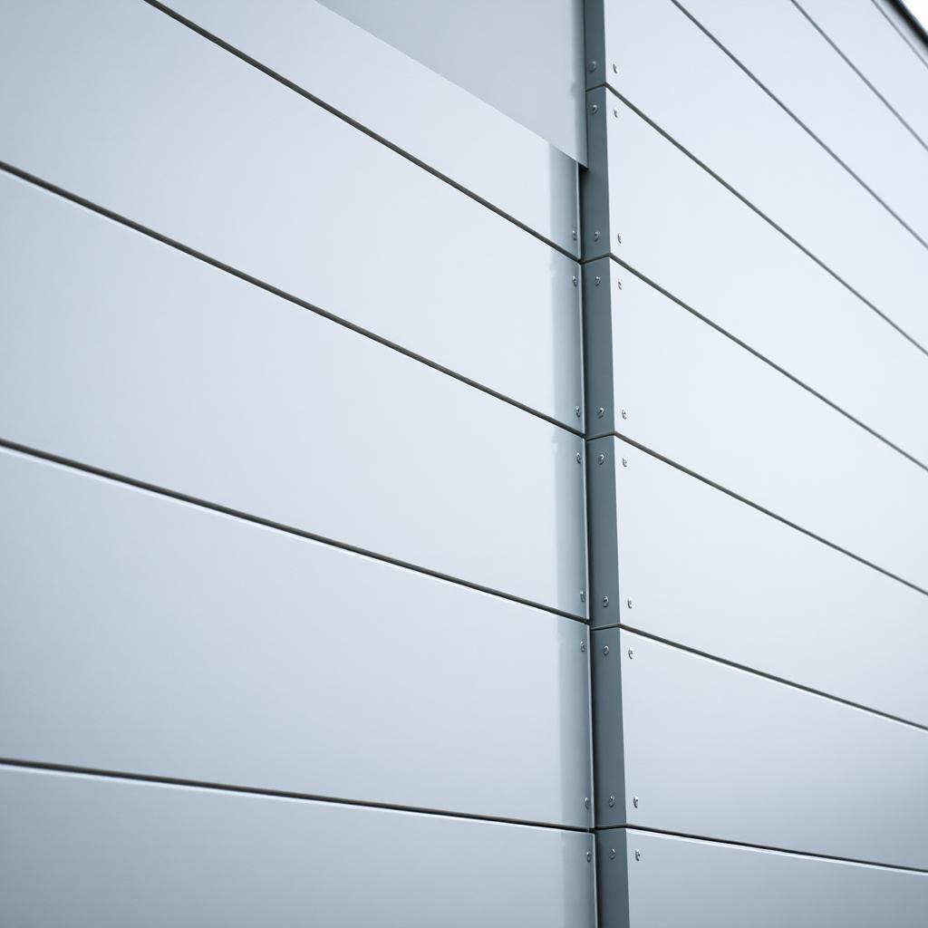 Close-up exterior detail of insulated metal wall panels on a modern commercial building, large-format horizontal panels in a clean light grey finish with crisp concealed-fastener joints and slim shadow-line reveals between panels, the foam-core sandwich-panel edge visible at a corner return, soft overcast daylight.