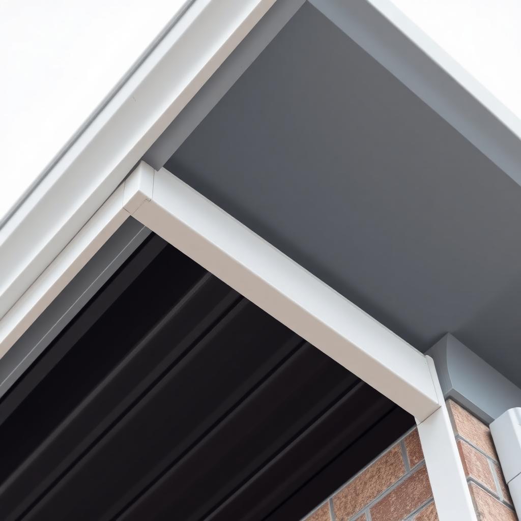 Underside of a modern building eave showing linear vented aluminum soffit panels in a dark charcoal finish, a crisp white aluminum fascia, and a seamless K-style gutter along the edge, clean concealed joints and a sharp shadow line, soft overcast daylight.