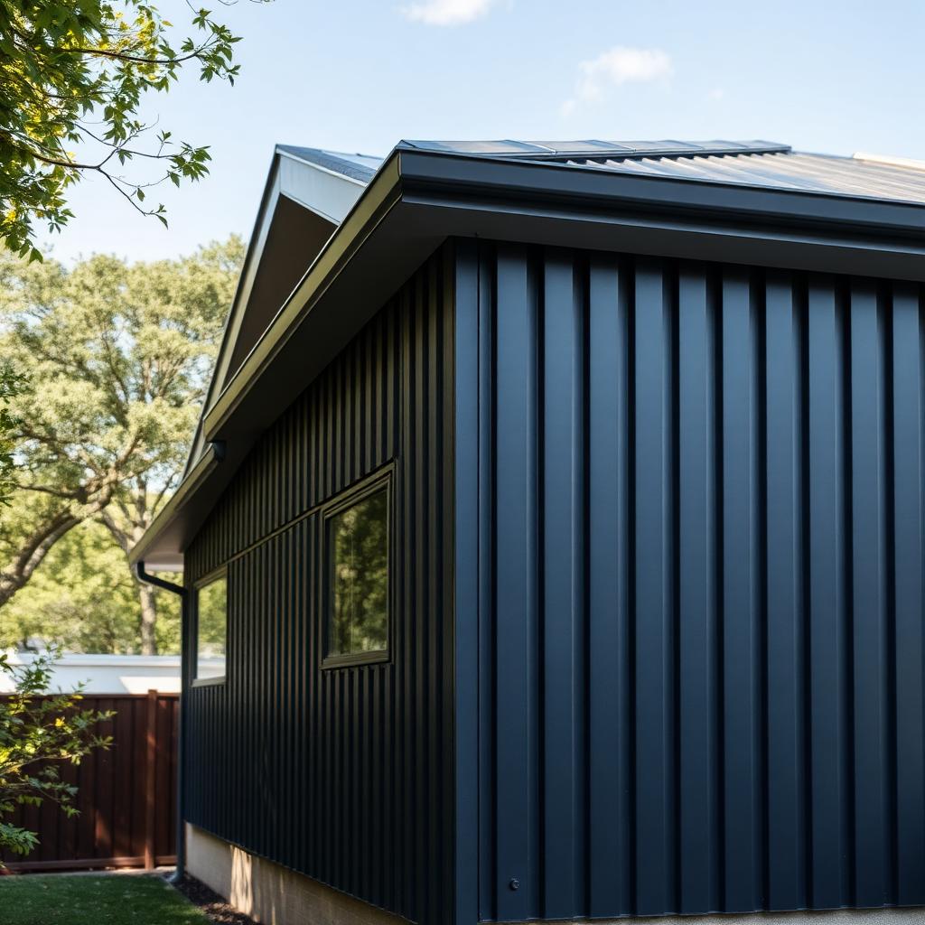 Vertical standing seam metal cladding in a dark zinc finish running from ground to roofline on a modern residential extension, sharp vertical ribs catching daylight.