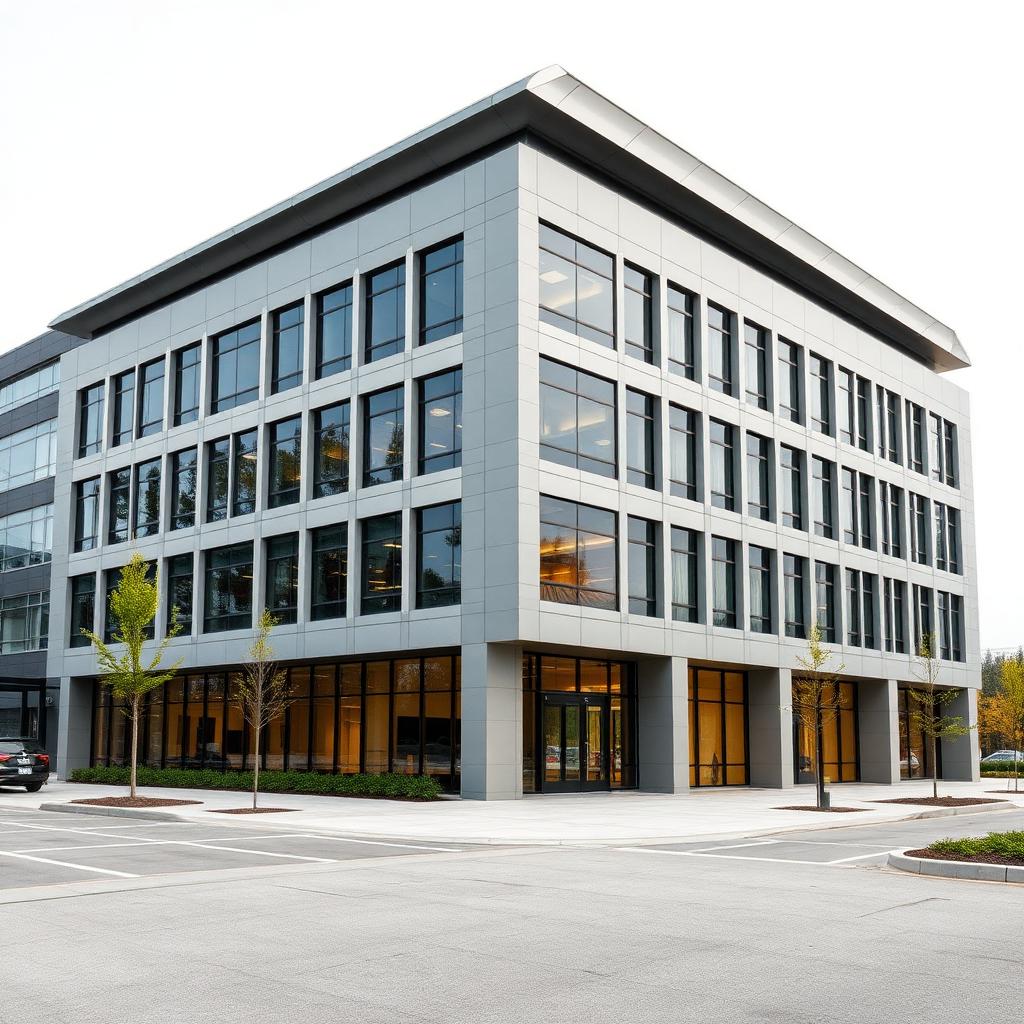 Eight-story mid-rise residential building in Scarborough with a matte ACM panel envelope in three related greys organized in a calm vertical rhythm, recessed balcony bays with bronze soffit detailing, ground-level landscaping and entry plaza.