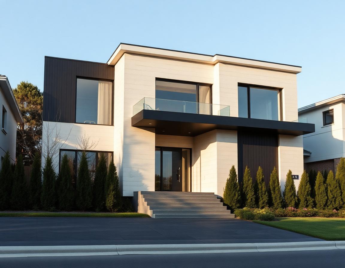 Contemporary two-story custom home in Oakville with a mixed façade: vertical charcoal aluminum panels on the main volumes, warm western red cedar cladding around the entry and second-floor overhang, large black-framed windows, manicured entry courtyard, evening twilight with interior lights on.