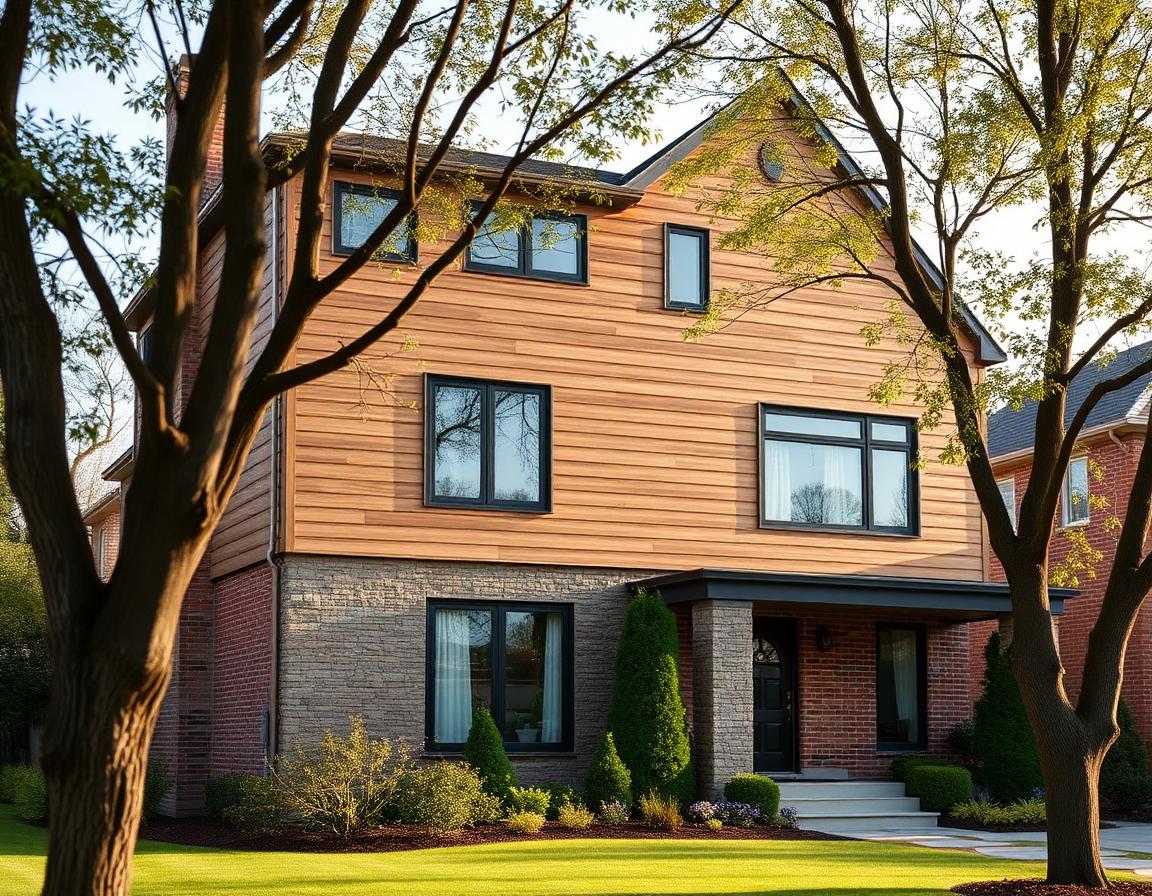 Two-story residential home in Richmond Hill with a clean second-story addition clad entirely in horizontal wood plastic composite boards in a warm walnut grain finish, contrasting with the original stone-and-brick first floor, mature trees in the foreground.