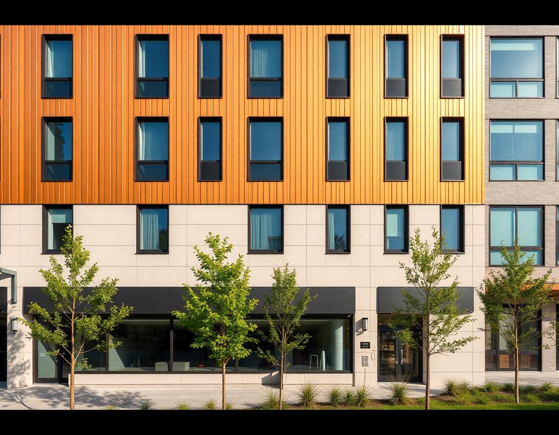 Six-story mixed-use building in Mississauga with a two-material façade: upper floors in warm bronze aluminum siding, lower floors in soft grey fiber cement panels, ground-level retail glazing, landscaped setback.