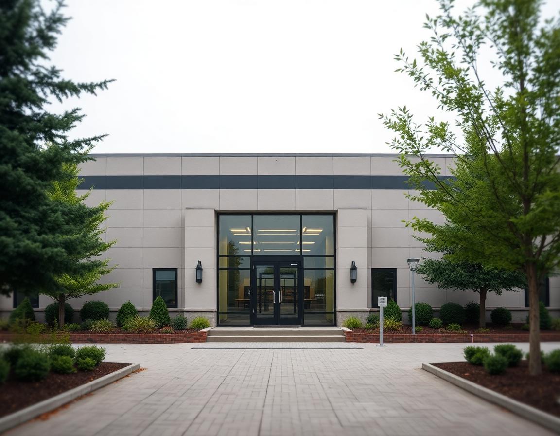 Single-story community centre in Etobicoke clad in large-format fiber cement panels in a soft warm grey, horizontal banding at the entry, wide glazed vestibule, mature community plantings, children arriving at the entrance.