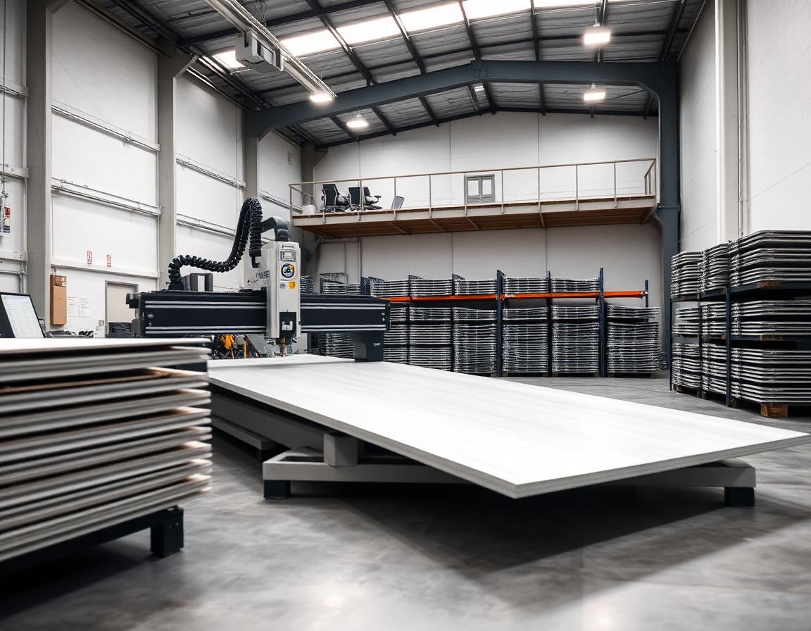 Interior of an industrial metal fabrication shop with a large CNC router cutting an aluminum composite sheet, folded panels stacked on edge in labelled racks, high-bay LED lighting, clean polished concrete floor.