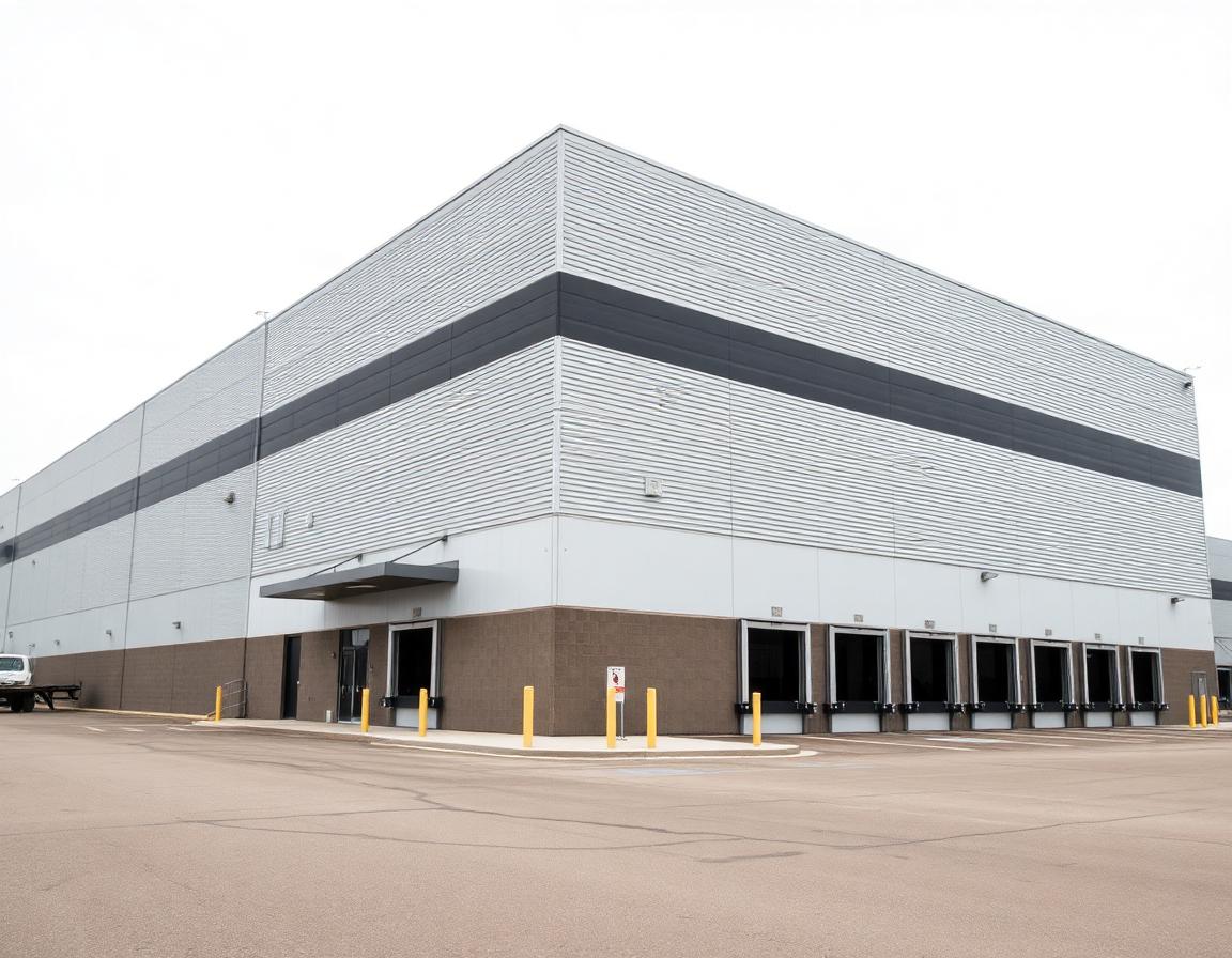 Large modern industrial distribution warehouse in the Greater Toronto Area clad in horizontal light grey insulated metal panels with crisp concealed-fastener joints and a darker grey parapet band, tall sectional loading doors along the base, a glazed office entrance at one corner, a wide paved truck court in front, soft overcast daylight.