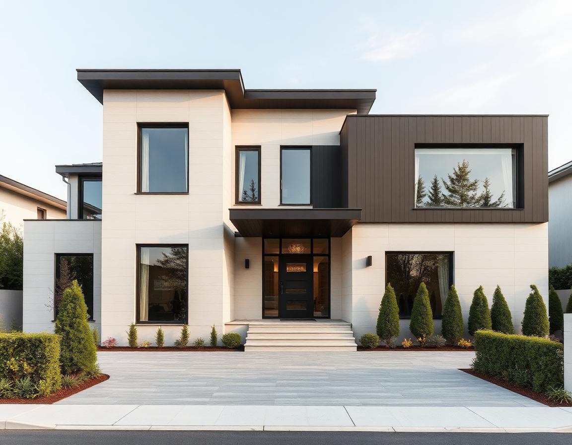 Large modern custom home in Vaughan at dusk, with a mixed façade of vertical dark charcoal aluminum panels and warm natural cedar accent cladding around the entrance, oversized black-framed windows, flat-roof parapet with clean lines, manicured driveway lit by recessed path lighting.